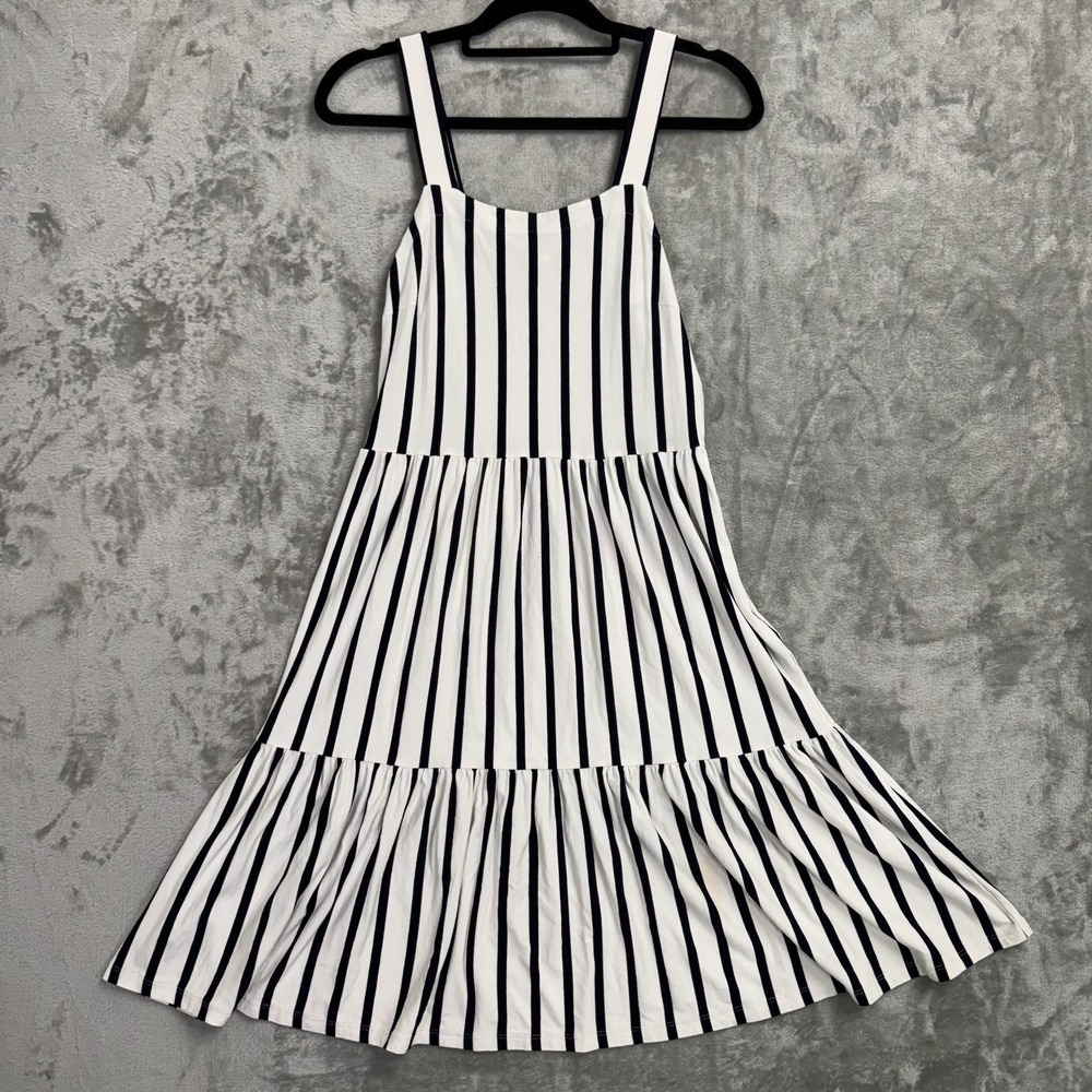 LOFT Beach Sundress Tiered Midi Size 4 Striped White‎ Black Coastal Preppy Dress